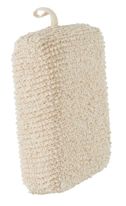 Gąbka do kąpieli w kształcie prostopadłościanu o wymiarach: szer. 8 cm, dł. 4 cm, wys.13 cm. Artykuł składa się z gąbki z tworzywa sztucznego (poliuretan) pokrytej  dzianiną bawełnianą. Gąbka posiada wszyty uchwyt do zawieszenia. Przeznaczona do codziennej pielęgnacji ciała.