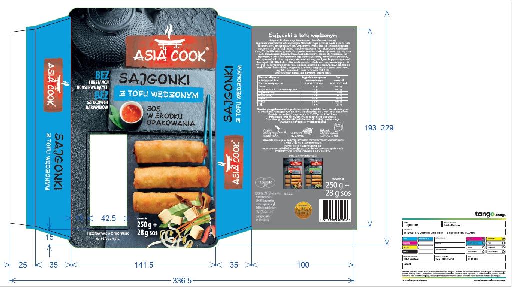 Sajgonki - produkt   w postaci zrolowanych, wypełnionych farszem kawałków smażonego ciasta, zawierającego w składzie m.in.: mąkę pszenną, mąkę ryżową i wodę. Farsz  składa się m.in. z: kapusty białej gotowanej, marchwi gotowanej, kiełków fasoli mung, grzybów mun, wędzonego tofu, przypraw i soli; po uformowaniu produkt w całości jest poddany procesowi smażenia i pieczenia. Produkt chłodzony, pakowany w atmosferze ochronnej, gotowy do spożycia po obróbce termicznej (smażenie lub pieczenie). Przechowywany w temperaturze od +2°C do +6°C; prezentowany w opakowaniach o masie netto 250 g (5 szt. z dodatkiem saszetki z sosem).