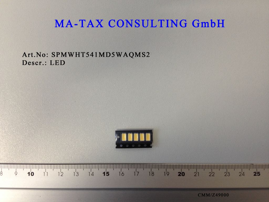 Diody świecące LED, o wymiarach 5,6 x 3 x 0,8 mm, emitujące światło barwy białej dziennej. Zapakowane po 10000 sztuk, na taśmie z tworzywa sztucznego, która nawinięta jest na szpulę o średnicy 330 mm lub po 2500 sztuk na taśmie nawiniętej na szpulę o średnicy 180 mm. Diody nie posiadają żadnych dodatkowych elementów, przeznaczone są do montażu powierzchniowego SMD. Ich napięcie zasilania wynosi 28,5 - 30,5 V, a prąd zasilania - 150 mA.