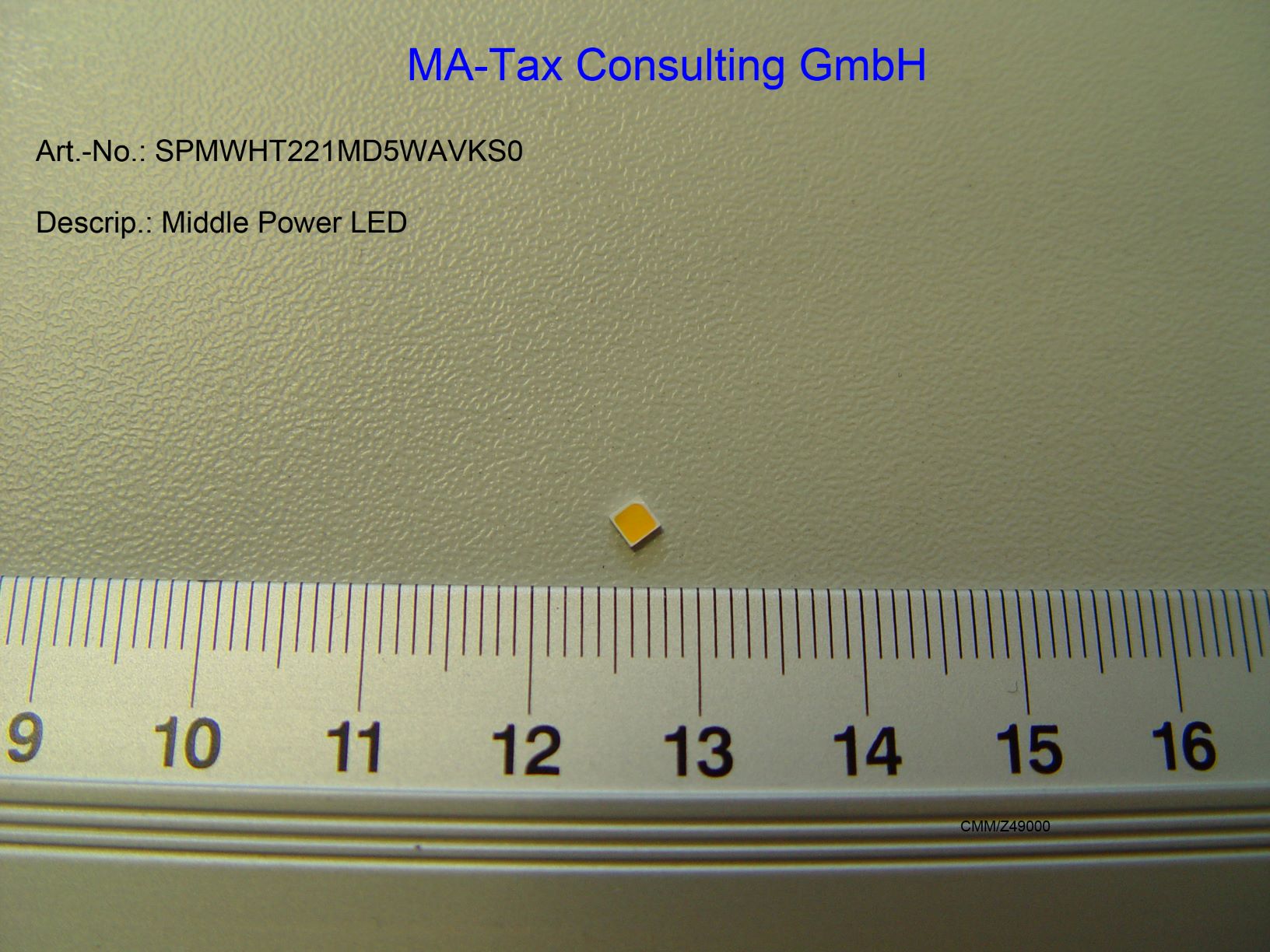 Diody świecące LED, o wymiarach 2,3 x 2,3 x 0,7 mm, emitujące światło barwy pomarańczowej. Zapakowane po 4000 sztuk, na taśmie z tworzywa sztucznego, która jest nawinięta na szpulę o średnicy 180 mm. Diody nie posiadają żadnych dodatkowych elementów, przeznaczone są do montażu powierzchniowego SMD. Napięcie zasilania: 2,7 – 3,2 V; prąd zasilania 150 mA.