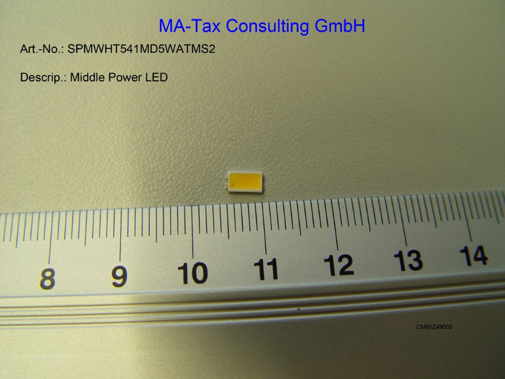 Diody świecące LED, o wymiarach 5,6 x 3 x 0,8 mm, emitujące światło barwy białej. Zapakowane po 10000 sztuk, na taśmie z tworzywa sztucznego, która jest nawinięta na szpulę o średnicy 180 mm. Diody nie posiadają żadnych dodatkowych elementów, przeznaczone są do montażu powierzchniowego SMD. Napięcie zasilania: 2,7 – 3,2 V; prąd zasilania 150 mA.