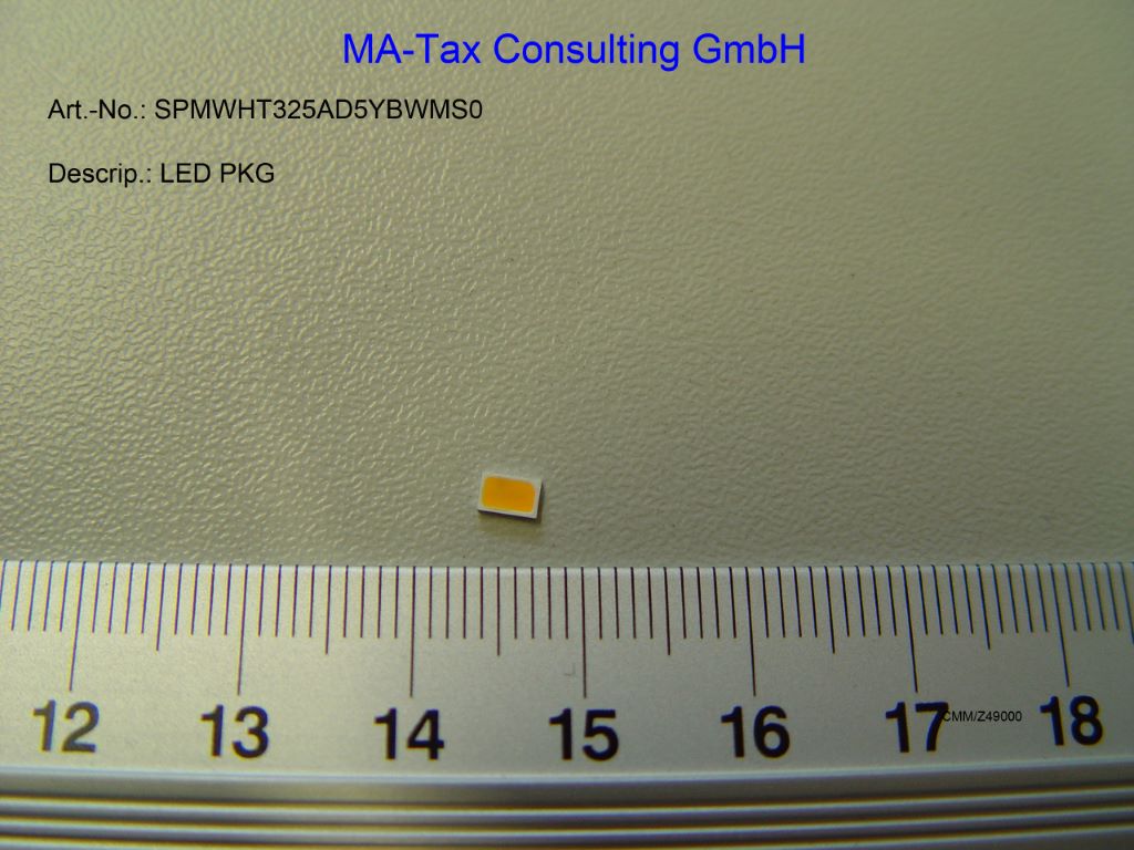 Diody świecące LED, o wymiarach 3,6 x 2,3 x 0,6 mm, emitujące światło barwy ciepło białej. Zapakowane po 4000 sztuk, na taśmie z tworzywa sztucznego, która jest nawinięta na szpulę o średnicy 180 mm. Diody nie posiadają żadnych dodatkowych elementów, przeznaczone są do montażu powierzchniowego SMD. Napięcie zasilania: 5,6 – 6,6 V; prąd zasilania 200 mA.