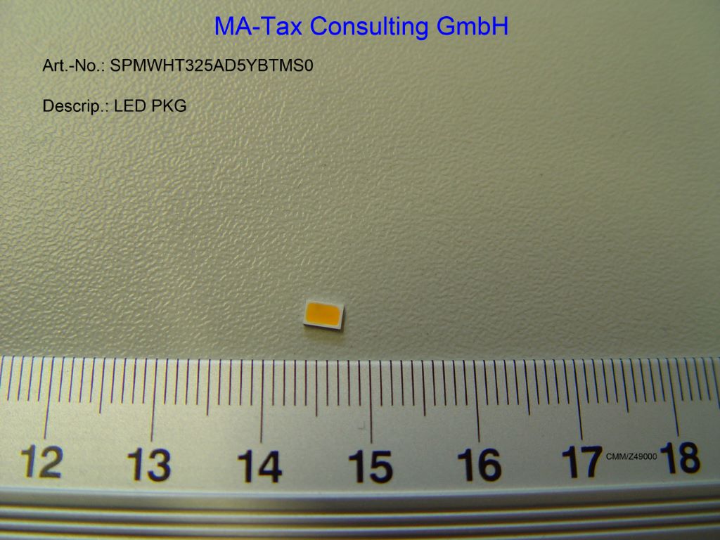 Diody świecące LED, o wymiarach 3,6 x 2,3 x 0,6 mm, emitujące światło barwy białej. Zapakowane po 4000 sztuk, na taśmie z tworzywa sztucznego, która jest nawinięta na szpulę o średnicy 180 mm. Diody nie posiadają żadnych dodatkowych elementów, przeznaczone są do montażu powierzchniowego SMD. Napięcie zasilania: 5,6 – 6,6 V; prąd zasilania 200 mA.