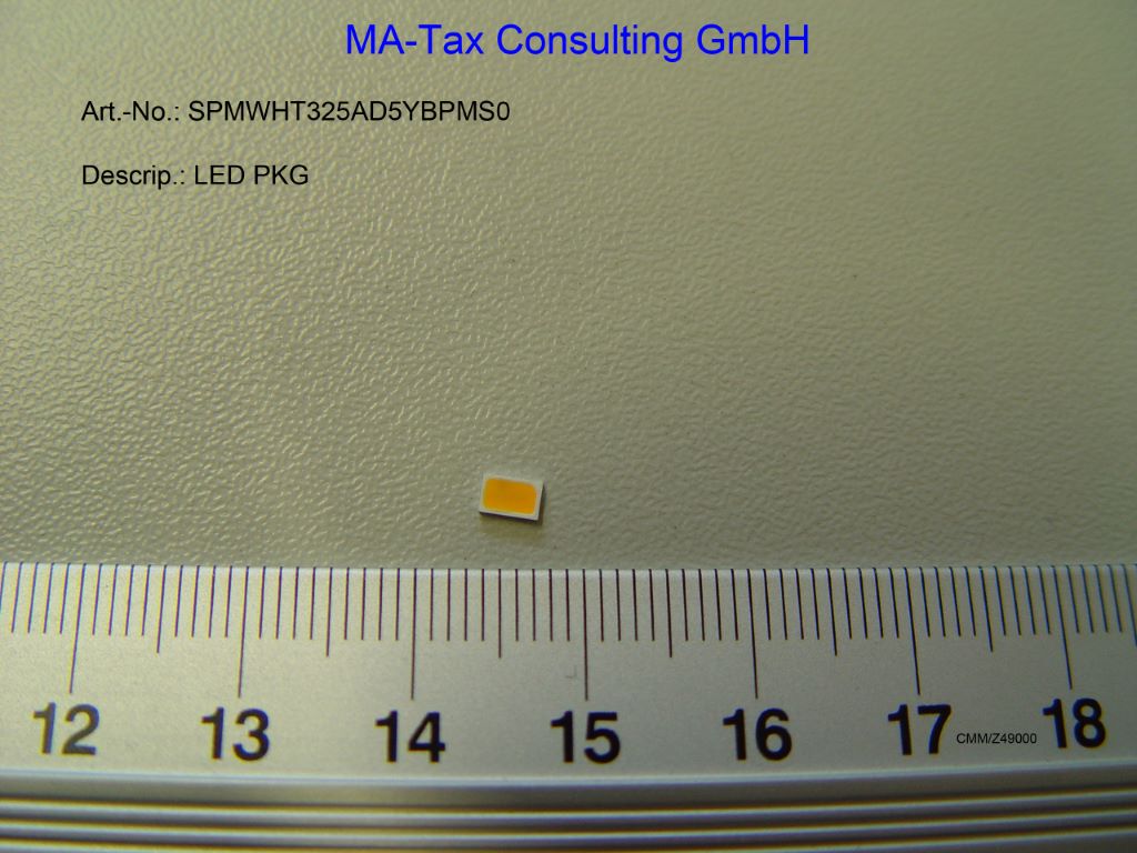 Diody świecące LED, o wymiarach 3,6 x 2,3 x 0,6 mm, emitujące światło barwy dziennej. Zapakowane po 4000 sztuk, na taśmie z tworzywa sztucznego, która jest nawinięta na szpulę o średnicy 180 mm. Diody nie posiadają żadnych dodatkowych elementów, przeznaczone są do montażu powierzchniowego SMD. Napięcie zasilania: 5,6 – 6,6 V; prąd zasilania 200 mA.