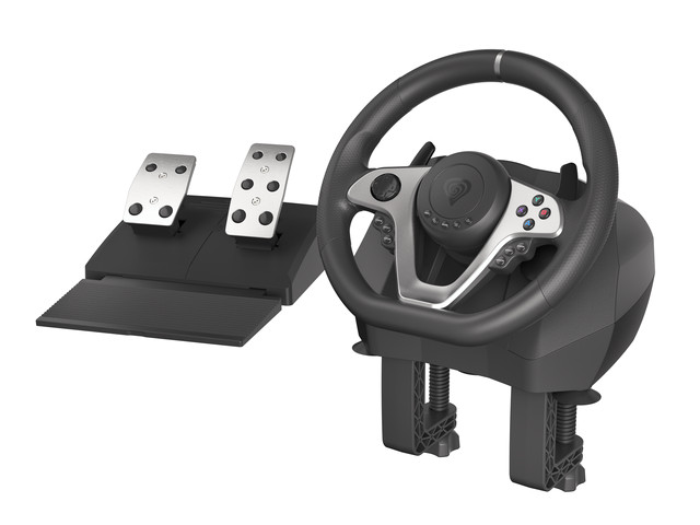 Kierownica przeznaczona do gier na PC/PS3/PS4/XONE/X360/NSWITCH. Kierownica posiada w zestawie łopatki do zmiany biegów, pedały gazu oraz hamulca. Wyposażona w 15 przycisków, w tym 10 przycisków programowalnych, pad 8-kierunkowy, przewód 2m, złącze USB, interfejs wejściowy X-input, D-input. Posiada 270-stopniowy zakres obrotu. Wymiary 350 mm x 290 mm x 110 mm. Masa 2290 g. Wymagania systemowe: PC – Windows XP/Vista/7/8/10, port USB.
