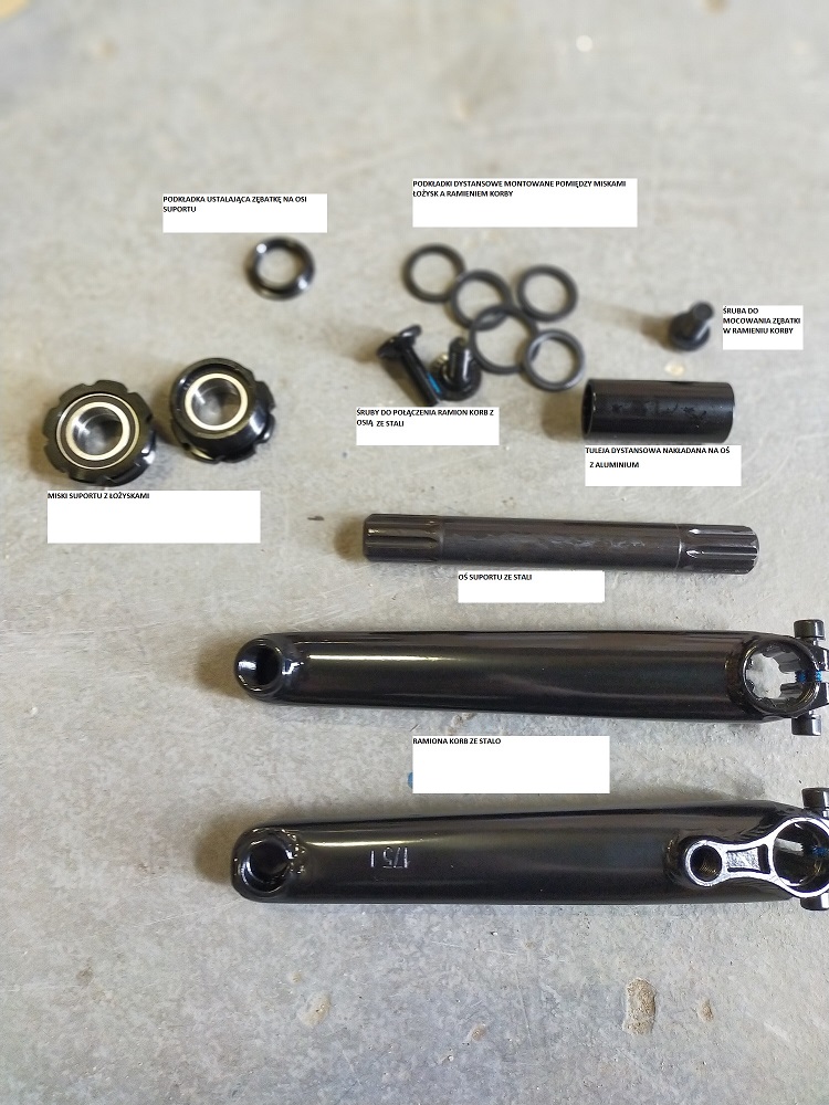 Części mechanizmu korbowego roweru w postaci: ramion korb o długości 175 mm wykonanych ze stali (2 szt.), osi suportu o średnicy 19 mm kompatybilnej z korbami wykonanej ze stali (1 szt.), tulei dystansowej nakładanej na oś wykonanej z aluminium (1 szt.), misek suportu wraz z łożyskami (2 szt.), śrub ze stali (3 szt.), podkładek dystansowych ze stali (5 szt.), podkładki ustalającej ze stali (1 szt.). zgodnie z oświadczeniem wnioskodawcy komplety przeznaczone do stosowania w produkcji rowerów dwukołowych. Pakowane w kompletach, w stanie niezmontowanym po 10 szt. w kartonie oddzielonych od siebie kartonowymi przekładkami. Waga netto jednego kompletu: 1,20 kg.