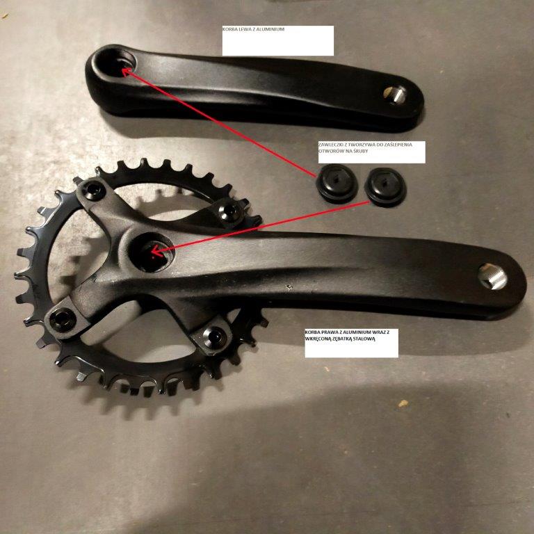 Niekompletny mechanizm korbowy składający się z następujących elementów: prawego ramienia korby zintegrowanego z kołem zębatym, lewej korby oraz zaślepek do zakrycia otworów na śruby. Ramiona korb o długości: 170 mm wykonane z aluminium, koło zębate (zębatka) 32T ze stali, zaślepki z tworzywa sztucznego - szt.2. Pakowane w kartonie po 10 kompletów, pojedynczy komplet zapakowany w woreczek z tworzywa sztucznego, oddzielony od pozostałych przekładkami z kartonu. Przeznaczony do montażu w rowerach dwukołowych. Waga netto 1 kompletu 0,6 kg. Kraj przywozu: Chiny.