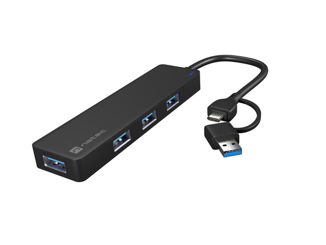 Hub USB z portami rozszerzeń, pozwalający na podłączenie dodatkowych urządzeń i akcesoriów do komputera. Zawiera płytkę PCB w obudowie wykonanej z aluminium, przewód elektryczny ze złączem USB-C oraz cztery porty wyjściowe USB-A 3.0. Akcesoria w zestawie: adapter USB-A do USB-C. Transfer danych do 5 Gb/s. Obsługiwane systemy operacyjne: Linux, MAC, Windows XP, Windows Vista, Windows 7/8/10/11. Wymiary urządzenia (w mm): 106 x 29 x 11; masa 40 g; długość przewodu: 15 cm.