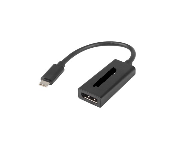 Adapter USB-C na DisplayPort – konwerter sygnału, z gniazdem DisplayPort (F) w obudowie połączonej kablem o długości 15 cm  z wtyczką USB-C (M). Stosowany do podłączenia monitora za pomocą portu DisplayPort do komputera lub kompatybilnego smartfona wyposażonego w port USB-C. Zgodnie ze specyfikacją obsługuje systemy operacyjne: Windows 7/8/10. Urządzenie typu stosowanego głównie w systemach automatycznego przetwarzania danych, można je podłączyć do jednostki centralnej i jest w stanie odbierać i dostarczać dane w formie możliwej do wykorzystania przez system. Materiał: ABS, niklowane styki. Obudowa i kabel w kolorze czarnym.
