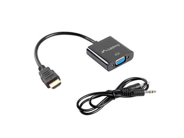 Adapter wyposażony w wejście VGA (15-pin, żeńskie) i wejście JACK (stereo 3.5 mm, żeńskie), połączony kablem ze złączem HDMI (męskim). Stosowany w systemach automatycznego przetwarzania danych do przesyłania sygnału z urządzeń wyposażanych w HDMI (np. komputer, laptop) do urządzeń wyposażonych w złącza VGA (np. monitor, projektor). Posiada pozłacane styki. Obsługiwana rozdzielczość wideo do 1920 x 1200 (1080p) przy 60 Hz. Długość kabla: 20 cm. Kolor: czarny.