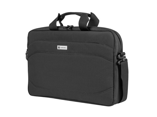 Torba do laptopa Natec Nanger 15.6", wykonana z materiałów włókienniczych (poliester). Posiada komorę główną zapinaną na zamek błyskawiczny. Wewnątrz znajduje się przegroda na laptopa zapinana na rzep oraz wyściełana miękkim materiałem kieszeń na tablet. Dodatkowo torba posiada zewnętrzną kieszeń z czterema przegrodami w tym jedną zapinaną na zamek błyskawiczny. Torba wyposażona w dwie rączki z materiałów włókienniczych, które można ze sobą spiąć przy pomocy rzepa oraz regulowany, przypinany klamrami z tworzywa sztucznego pasek umożliwiający noszenie na ramieniu. Torba wyposażona w system „trolley” umożliwiający łatwe przewożenie torby na walizkach.Wymiary: 410 x 70 x 290 mm; kolor: czarny.
