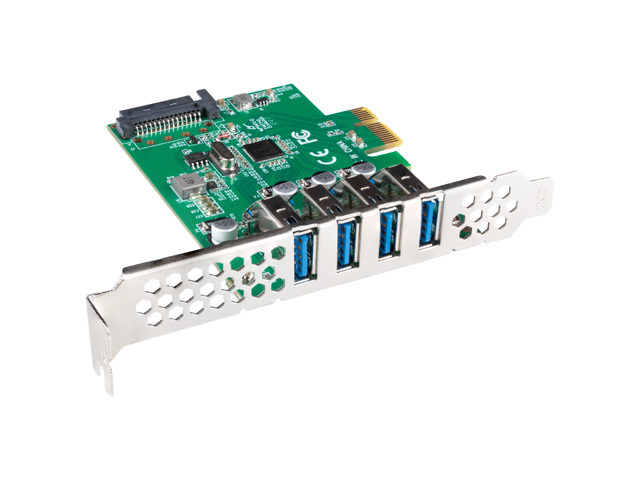 Karta rozszerzeń PCI Express, instalowana na płycie głównej komputera. Wyposażona w złącza 4x USB 3.1 gen 1 żeńskie, Interfejs PCI Express 1x, złącze zasilania 1x SATA 15 pin męskie. Do złącza PCI Express podpina się kartę graficzną oraz kartę sieciową. Prędkość transmisji danych do 5 Gb/s. Chipset: Renesas NEC/uPD720201. Kompatybilne systemy operacyjne: Windows 10 (32/64), 8/8.1 (32/64), 7 (32/64), Vista (32/64), XP (32/64), Windows Server 2012, 2008 R2. W zestawie z kartą rozszerzeń śledź niskoprofilowy. Wymiary (mm): 85 x 68 x 19. Masa: 52,3 g.