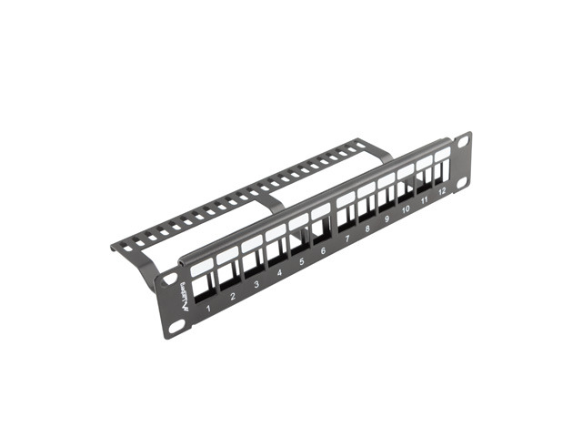 Pusty, niewyposażony panel modularny 10” mający zastosowanie w tworzeniu rozwiązań opartych na modułach keystone zarówno sieciowych, jak i audio-video-data. Umożliwia montaż do 12 modułów keystone. Długość: 99,3 mm, szerokość: 254 mm, wysokość: 44,45 mm. Wysokość teleinformatyczna: 1 U. Kolor: czarny. Materiał: metal. Kraj pochodzenia: Chiny.
