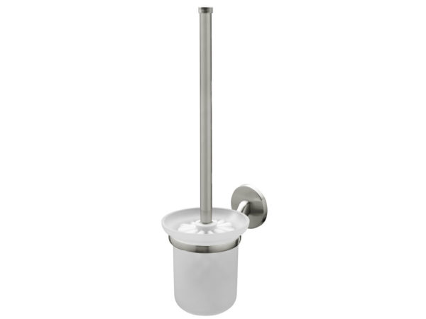Szczotka do WC wykonana z tworzywa sztucznego. W skład kompletnego wyrobu wchodzi: szczotka ze stalową rączką do czyszczenia WC, szklany kielich, do którego odkładana jest szczotka i obejma z częścią mocującą, wykonana z cynkalu, w której umieszcza się kielich. Obejma mocowana jest do ściany, dzięki czemu całość wisi na ścianie. Opakowanie: blister z tworzywa sztucznego z zadrukowanym kartonikiem. Decyzja wydana w miejsce decyzji nr PL BTI WIT-2021-000726.