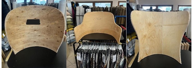 Stelaże oparć do krzeseł. Wykonane z gięto-klejonej sklejki eukaliptusowej. Są to gotowe stelaże na które trzeba przykleić piankę oraz nałożyć tkaninę lub które trzeba tylko polakierować, aby oparcia były kompletne. Prezentowane w różnych kształtach i rozmiarach, zawsze identyfikowalne jako stelaże oparć do krzeseł. Średnia objętość użytego drewna dla jednego towaru wynosi 0,003 metra sześciennego. Zgodnie z deklaracją wnioskodawcy, oparcia nie są dostosowane do siedzeń w rodzaju stosowanych w statkach powietrznych. Pakowane zbiorczo. Wnioskodawca załączył zdjęcia przykładowych towarów.