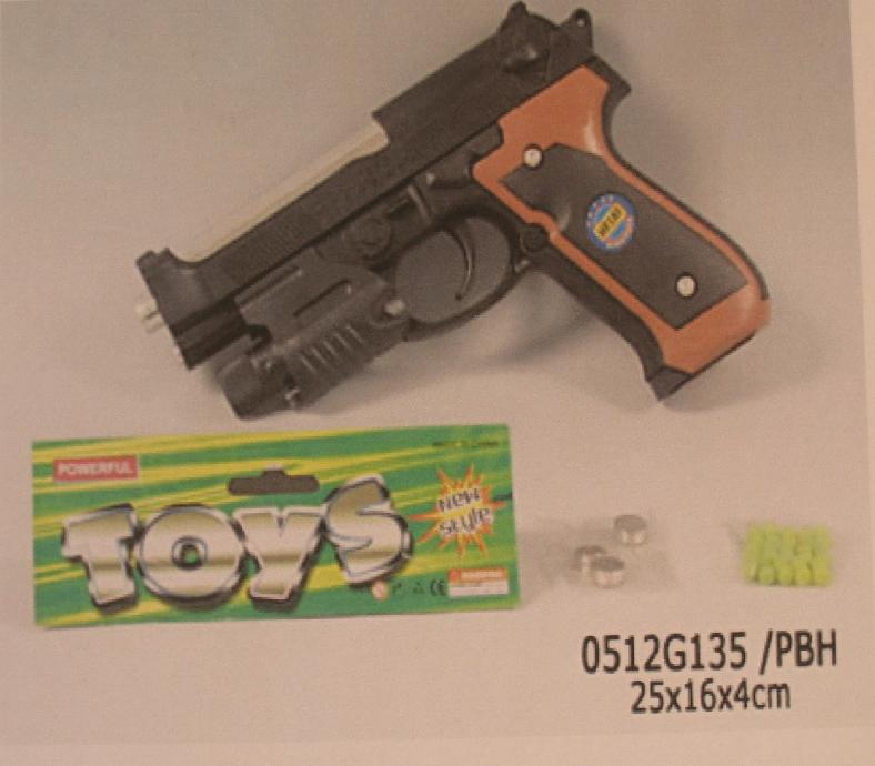Pistolet sprężynowy wykonany z tworzywa sztucznego, strzelający jednorodnymi kulkami z tworzywa sztucznego o średnicy 6 mm. Wyrzut  kulki z pistoletu następuje na skutek zwolnienia silnego mechanizmu sprężynowego napinanego ręcznie przed każdym wystrzałem poprzez tzw. przeładowanie. Maksymalny zasięg strzału wynosi 50 m. Pistolet  pakowany jest w worek z tworzywa sztucznego lub pudełko kartonowe. Opakowanie zawiera również około 20 sztuk amunicji - kulki z tworzywa sztucznego o średnicy 6 mm oraz opcjonalnie celownik laserowy lub latarkę - przeznaczone do zamontowania na pistolecie.