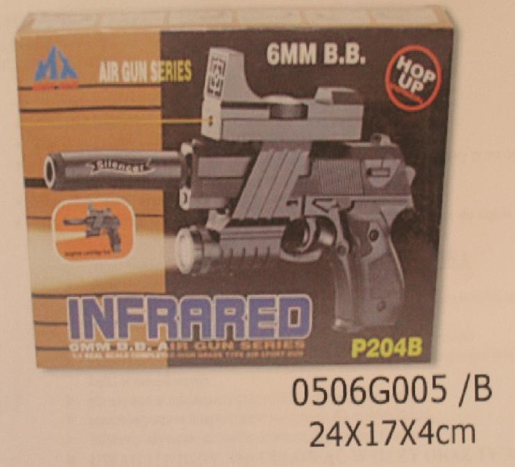 Pistolet sprężynowy wykonany z tworzywa sztucznego, strzelający jednorodnymi kulkami z tworzywa sztucznego o średnicy 6 mm. Wyrzut  kulki z pistoletu następuje na skutek zwolnienia silnego mechanizmu sprężynowego napinanego ręcznie przed każdym wystrzałem poprzez tzw. przeładowanie. Maksymalny zasięg strzału wynosi 50 m. Pistolet  pakowany jest w worek z tworzywa sztucznego lub pudełko kartonowe. Opakowanie zawiera również około 20 sztuk amunicji - kulki z tworzywa sztucznego o średnicy 6 mm oraz opcjonalnie celownik laserowy lub latarkę - przeznaczone do zamontowania na pistolecie.