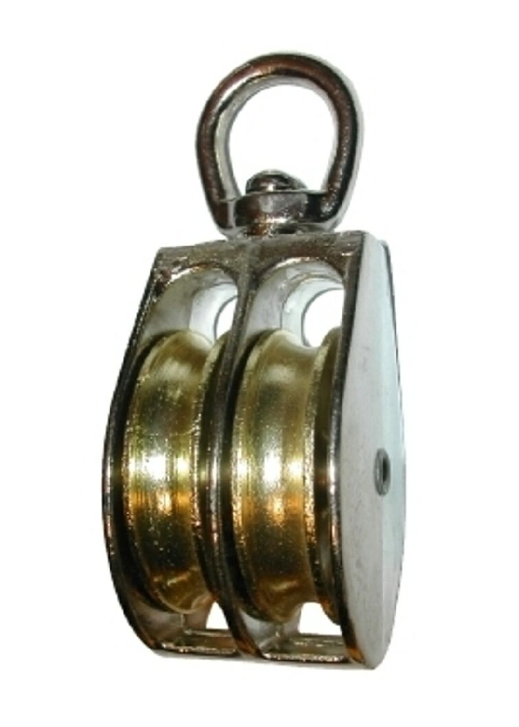 Bloczek podwójny z krętlikiem, z korpusem stalowym, niklowanym, z metalowymi rolkami. Rozmiar od 1/2" do 2". Przeznaczony do współpracy z linami.