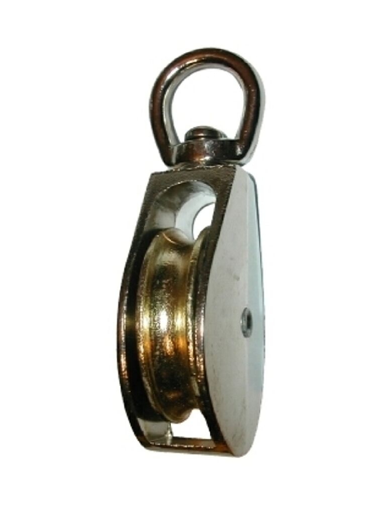 Bloczek pojedynczy z krętlikiem, z korpusem stalowym, niklowanym, z metalowymi rolkami. Rozmiar od 1/2" do 2". Przeznaczony do współpracy z linami.