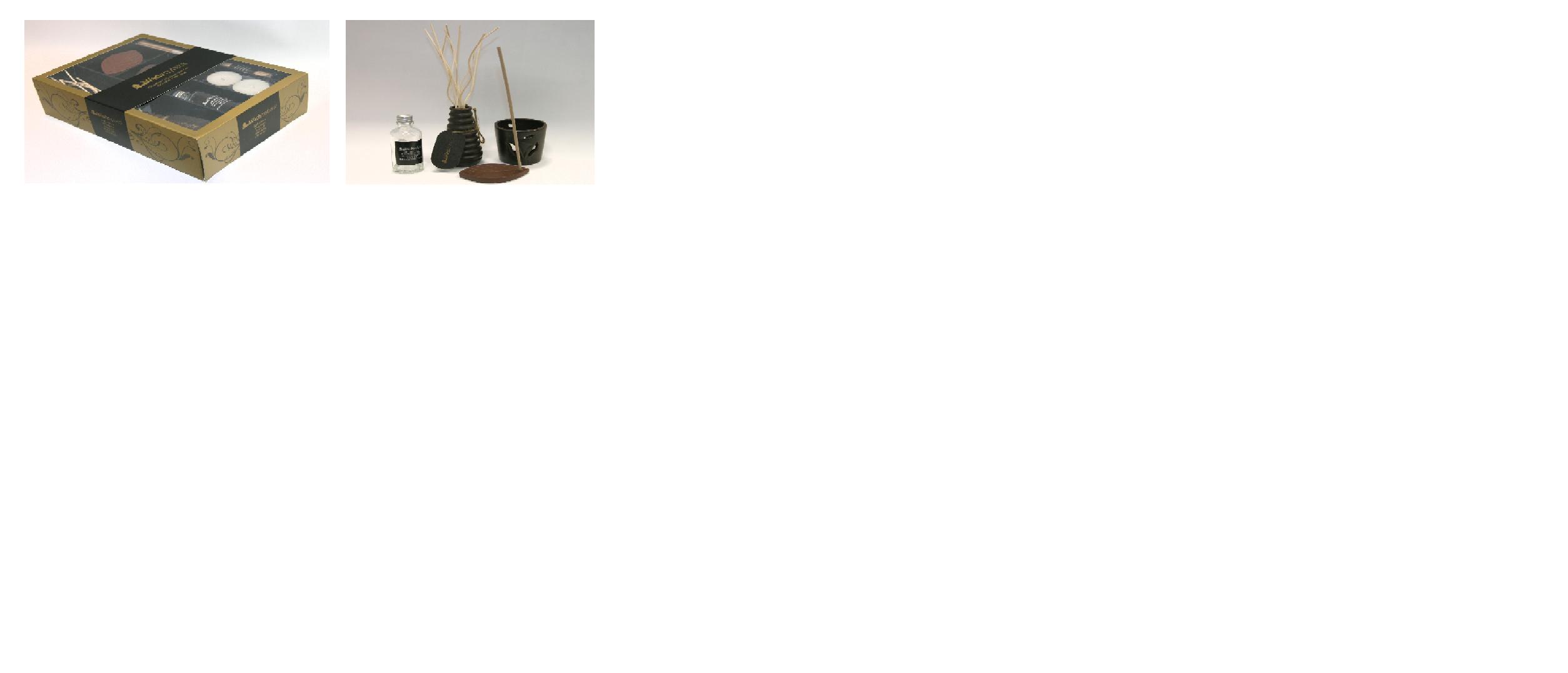 Zestaw zapachowy składający się z kadzidełek (11 szt.), olejku zapachowego, patyczków zapachowych (9 szt.), świeczek (2 szt.), ceramicznego świecznika, ceramicznego wazonika oraz ceramicznej podstawki pod kadzidełka. 
Zestaw przeznaczony do sprzedaży detalicznej jako integralna całość; pakowany w tekturowym pudełku.