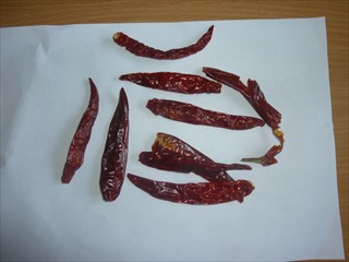 Suszone, całe owoce ostrej papryki chilli z rodzaju Capsicum. Owoce o długości od ok. 9 cm do 10 cm. Papryka przeznaczona do wykorzystania w przemyśle spożywczym.