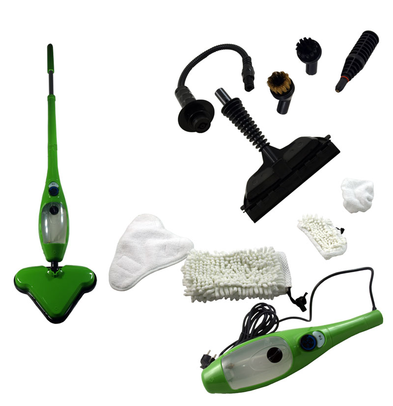 Mop parowy - urządzenie do czyszczenia powierzchni za pomocą strumienia podgrzanej pary wodnej. Prezentowane w obudowie z tworzywa sztucznego. Parametry techniczne: moc maksymalna 1300 W; napięcie - 220-230 V, 50/60 Hz; pojemność zbiornika - 400 ml; waga - 2,2 kg; długość kabla - 4,5 m. Urządzenie prezentowane razem z akcesoriami służącymi do czyszczenia różnych powierzchni.