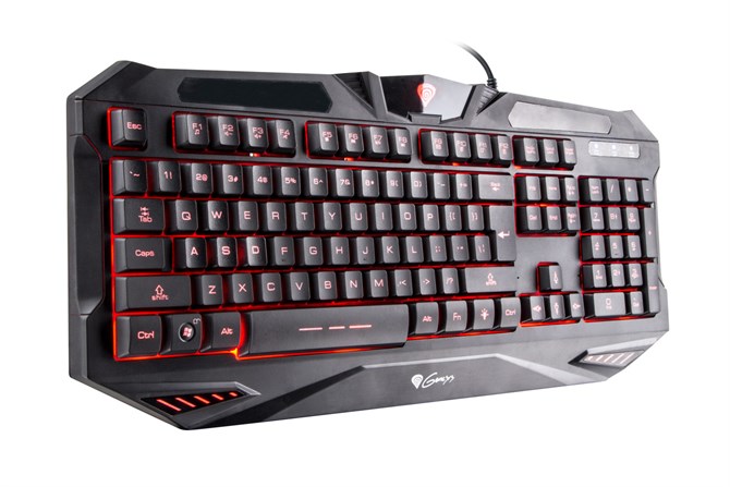 Klawiatura komputerowa z tworzywa sztucznego dla graczy o wymiarach 465x205x30 mm, posiadająca 104 klawisze z mechanizmem membranowym, 11 funkcjonalnych klawiszy multimedialnych oraz trzy tryby podświetlania. Urządzenie wyposażone jest w przewód połączeniowy PC o długości 1,8 m.
