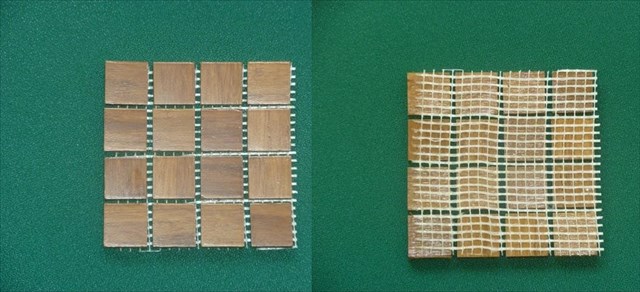 Artykuł wykonany z drzewa bambusowego. Drewno przycięte do wymiaru, np. 14 x 14 mm, 23 x 23 mm, 48 x 14 mm 48 x 48 mm, umieszczane jest na podłożu - siatce z włókna szklanego - i połączone za pomocą spoiwa, tworząc mozaikę o wymiarach 30 x 30 cm, o grubości 0,8 cm. Warstwa wierzchnia pokryta lakierem. Artykuł wykorzystywany do wykładania ścian wewnątrz pomieszczeń.
