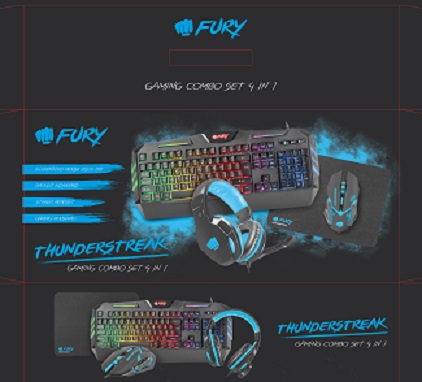 Zestaw dla graczy FURY Thunderstreak (4w1) do połączenia z komputerem PC. Składa się z klawiatury z podświetleniem i funkcją anti-ghosting na 19 klawiszy, słuchawki stereo z mikrofonem na wysięgniku obrotowym, myszy optycznej o rozdzielczości do 2400 DPI oraz podkładki pod mysz z warstwą tekstylną. Klawiatura komputerowa o wymiarach: 480x225x30 mm, posiadająca 104 klawisze, mechanizm klawiszy membranowy i przewód połączeniowy z PC o długości 1,8 m. Słuchawki nauszne wyposażone w dwa głośniki z mikrofonem na obrotowym pałąku i przewodem 1,8 m z kartą dźwiękową. Mysz o wymiarach: 134x70x42 mm, z przewodem 1,8 m i wielokolorowym podświetleniem LED. Podkładka pod mysz komputerową w kształcie prostokątnym z zaokrąglonymi rogami o wymiarach: ok. 320x240x3 mm. Zestaw pakowany w jednym kartonowym opakowaniu z instrukcją.