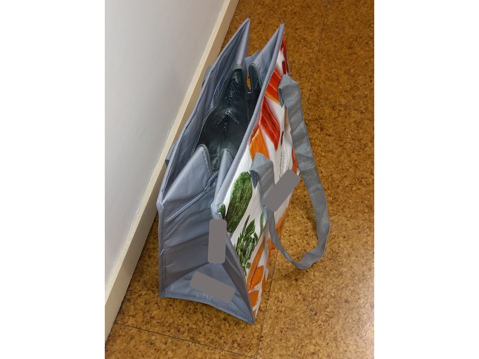 Saco térmico reutilizável, confecionado a partir de um tecido de lâminas de polipropileno de largura não superior a 5 mm, com a forma de um paralelepípedo, medindo aproximadamente 34,5 cm (largura) × 35,5 cm (altura) × 20 cm (profundidade) (medidas da amostra apresentada), com duas asas resistentes em nylon, cosidas nas superfícies laterais.
A superfície exterior do saco é coberta por uma folha de plástico. 
O seu interior é isotérmico, composto por uma camada intermédia de espuma que está colada a uma folha de alumínio, de espessura inferir a 1 mm, que reveste a parte interior do saco.

O seu interior não está dividido em compartimentos, podendo ser fechado na parte superior com um fecho de correr. Os bordos são reforçados com um debrum do mesmo material do saco.
Dadas as características mencionadas, o artigo em questão consubstancia um recipiente concebido para uso prolongado.
Composição: 67% polipropileno, 27% Espuma EPE com laminação MPET e 6% de poliéster