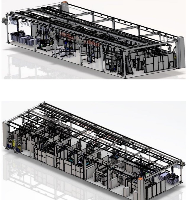 Conform descrierii solicitantului, produsul reprezintă o linie semi-automată de utilaje (stații de lucru) destinate să asigure împreună fabricarea trapelor auto.
Linia de asamblare este compusă din următoarele stații, conectate între ele cu ajutorul unor cabluri electrice:
• PA010 – Stație gresare șine
• PA020 – Stație pregătire șine
• PA040 – Stație gresare mecanism
• PA060 – Stație asamblare motor
• PA070 – Stație asamblare deflector
• FA010 – Stație aplicare mastic la cald pe traversa A și montaj șine “Rama U”
• FA020 – Stație montaj mecanism în șine
• FA030 – Stație aplicare mastic la cald pe traversa C și finalizare montaj “Rama O”
• FA040 – Stație asamblare cablaje pe ramă
• FA050 – Stație asamblare sticlă fixă pe ramă
• FA060 – Stație asamblare motor pe ramă
• FA070 – Stație asamblare sticlă mobilă pe ramă
• FA080 – Stație asamblare deflector pe trapă
• EOL090 – Stație inițializare și rodaj trapă
• EOL100 – Stație măsurare dimensională trapă
• EOL110 – Stație test electric funcțional (Verificare funcție anti-strivire)
• EOL120 – Stație cabină zgomot, test acustic și vizual
• EOL130 – Stație asamblare cablaj motor
• EOL140 – Stație inspecție finală trapă (vizuală/estetică)
• ST01 – Stație reparații trape
Pe lângă stațiile de lucru enumerate mai sus, linia de asamblare are următoarele componente auxiliare:
• Structura metalică, care are rolul de a susține manipulatoarele vacuumatice și sistemul de iluminare și alimentare cu energie a stațiilor;
• Manipulatoare pentru trape cu acționare vacuumatică, având rolul de a permite operatorilor să maipuleze componentele din sticlă și trapele;
• Echipament UPS pentru alimentarea generală a liniei de asamblare, având rolul de alimentare cu energie electrică și protecție în cazul întreruperilor necontrolate/accidentale a alimentării cu energie;
• Calculator pentru trasabilitate, având rolul de a procesa informațiile legate de trasabilitatea produselor;
• Gard de protecție, cu rol de protecție pentru operatori;
• Benzi transportoare, având rolul de a transporta produsele între stațiile de asamblare, în mod automat;
Linia de asamblare urmează să fie prezentată la import în stare demontată, urmând să fie montată la destinatar.