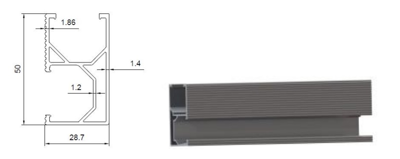 Conform descrierii solicitantului și a fotografiei publicate în baza de date, produsul reprezintă un profil din aluminiu aliat (șină), fabricat prin extrudare. Este utilizat la montajul fix al panourilor fotovoltaice pe acoperișuri învelite cu țiglă metalică, ceramică sau din beton. Profilul este deschis, fiind format din trei aripi și două cavități închise. Are o lungime de 4800 mm, o lățime de 28,7 mm și o înălțime de 50 mm. Ulterior vămuirii se taie la lungimea necesară, la montaj, în funcție de dimensiunea și numărul de panouri ce se montează. Este importat separat de restul componentelor ce constituie kitul de montaj, respectiv bare de prindere, profile de înălțare, șine de îmbinare, cleme de fixare, conectori de șină, șuruburi, șaibe, piulițe etc.