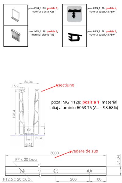 Conform descrierii solicitantului și a fotografiilor publicate în baza de date, produsul reprezintă un kit pentru fixarea unui panou din sticlă. Cuprinde profile din aluminiu (componentă majoritară), piese (cale) de împănare din material plastic, precum și chedere de etanșare din cauciuc. Profilele din aluminiu sunt găurite, fiind pregătite pentru fixare, în șantier, cu ajutorul șuruburilor sau șuruburilor conexpand (nu fac obiectul prezentei decizii).
Kit-ul nu cuprinde panoul din sticlă. Se poate monta la baza panoului din sticlă, la partea superioară a acestuia sau/și între panouri, după caz.