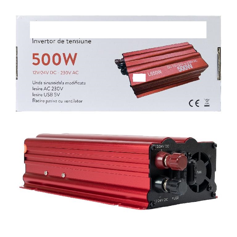 Produsul reprezintă un invertor de tensiune, conceput pentru a fi utilizat la un autovehicul. Poate fi alimentat cu o tensiune de intrare de 12Vcurent continuu sau 24Vcurent continuu, direct de la bornele bateriei, sau de la mufa de brichetă a mașinii. Tensiunea de ieșire este de 230V curent alternativ, iar puterea furnizată este de 500W (aprox. 625VA) în regim de funcționare normală, sau 1000W (aprox. 1250VA) pentru un timp scurt de funcționare.
Caracteristici:
•Iesire USB: 5V / 500mA
•Consum: <0.5A in standby / 45A @ 12V / 21A @ 24V la incarcare maxima
•Tip semnal iesire: sinusoida modificata
•Frecventa semnal iesire: 50 Hz
•Putere iesire: 500W continuu / 1000W pentru scurt timp
•Eficienta: 85~90%
•Avertizare baterie auto descarcata
•Inchidere automata la baterie auto descarcata
•Protectie supraincalzire
•Protectie supraincarcare
•Protectie la scurtcircuit
•Protectie tensiune de intrare prea mare
•Siguranta fuzibila: 2 x 30A
•Temperatura ambientala de utilizare: -26°C ~ +80°C
•LED-uri indicatoare: rosu pentru erori / verde pentru alimentare
•Dimensiuni: 217 x 111 x 60 mm / Greutate: 780 g