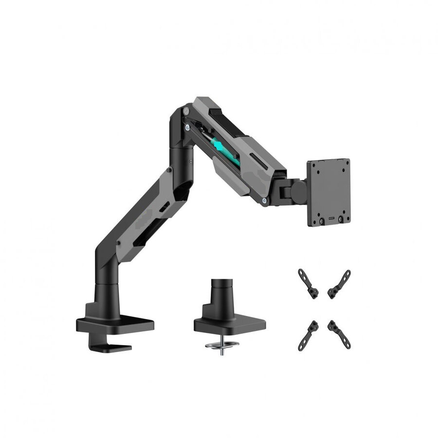 Potrivit informatiilor descriptive cumulate si fotografiilor din baza de date, produsul reprezinta un suport din otel pentru monitor, cu un brat articulat mobil controlat printr-un mecanism presurizat (arc cu gaz integrat). Este conceput pentru a fi montat pe birou. 
Produsul cu structura metalica este destinat fixarii si sustinerii unor monitoare cu diagonala variabila (acestea nu fac obiectul deciziei ITO). Bratul mobil permite controlul unghiului de vizionare, prin inclinarea si pivotarea acestuia, pentru o utilizare ergonomica.  
Instalarea pe birou se face prin intermediul unei cleme sau a unui sistem grommet, iar fixarea monitorului pe suport se realizeaza prin sistem de prindere tip VESA, utilizand suruburi si accesorii de montaj incluse in pachet (exista kit de instalare).
Produsul are culoarea gri-inchis si se prezinta neasamblat, ambalat in cutii de carton. Un pachet contine componentele ambalate separat, respectiv baza de fixare, coloana verticala /elementul de sustinere, bratul articulat principal cu mecanism cu arc cu gaz, placa de montare VESA si elementele de fixare si de prindere pe birou (cleme, suruburi, cabluri, alte accesorii). Se livreaza sub forma de set complet pentru asamblare.
Caracterul esential este dat de materialul constitutiv majoritar al suportului metalic (articol din otel).