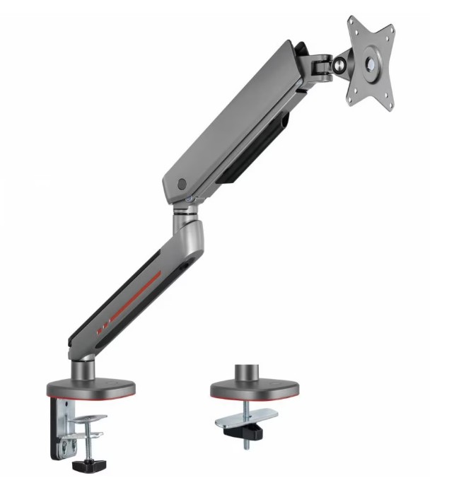Potrivit informatiilor descriptive cumulate si fotografiilor din baza de date, produsul reprezinta un suport metalic pentru monitor, cu un brat articulat mobil controlat printr-un mecanism presurizat (arc cu gaz integrat). Este conceput pentru a fi montat pe birou. 
Produsul cu structura predominant metalica (majoritar otel, alaturi de aluminiu si elemente din plastic) este destinat fixarii si sustinerii unor monitoare cu diagonala variabila (acestea nu fac obiectul deciziei ITO). Bratul mobil permite controlul unghiului de vizionare, prin inclinarea si pivotarea acestuia, pentru o utilizare ergonomica.  
Instalarea pe birou se face prin intermediul unei cleme sau a unui sistem grommet, iar fixarea monitorului pe suport se realizeaza prin sistem de prindere tip VESA, utilizand suruburi si accesorii de montaj incluse in pachet (exista kit de instalare).
Produsul se prezinta neasamblat, ambalat in cutii de carton, cu manual de instructiuni. Un pachet contine componentele ambalate separat, respectiv baza de fixare, coloana verticala /elementul de sustinere, bratul articulat principal cu mecanism cu arc cu gaz, placa de montare VESA si elementele de fixare si de prindere pe birou (cleme, suruburi, cabluri, alte accesorii). Se livreaza sub forma de set complet pentru asamblare.
Caracterul esential este dat de materialul constitutiv majoritar al suportului metalic (articol din otel).