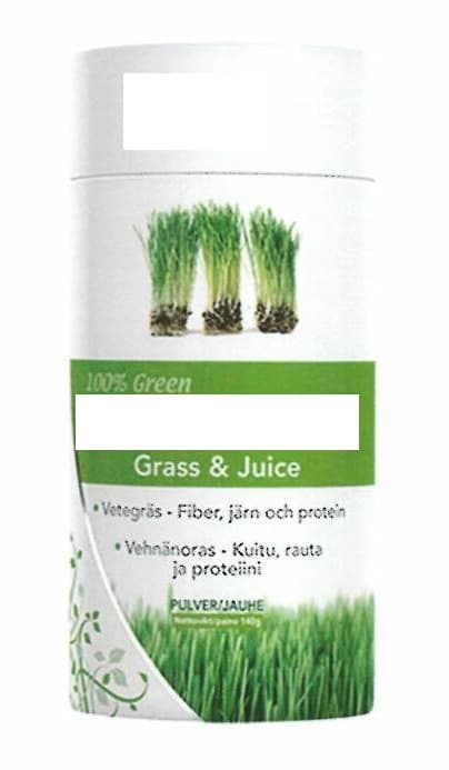 Vetegräspulver
Finmalet grönt pulver, enligt uppgift från vetegräs (Triticum duram), pulvret är utan tillsatser och avsett att användas i smoothie/desserter. Föreligger i detaljhandelsförpackning i en påse med en vikt av 140 gram.