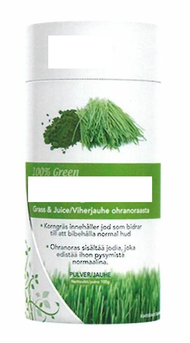 Korngräspulver
Finmalet grönt pulver, enligt uppgift bestående av 100 % korngräs. Pulvret är avsett att användas i t.ex. smoothie och föreligger för försäljning i detaljhandeln i en påse med en vikt av 100 gram.