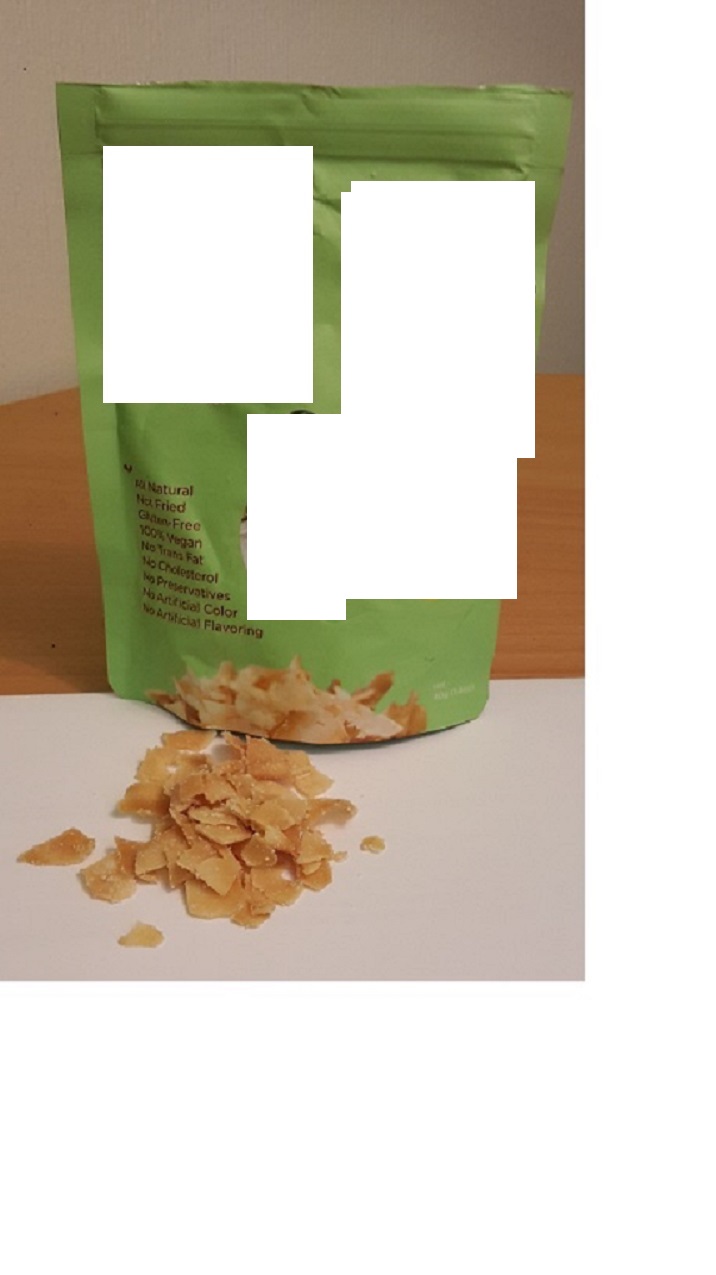 Kokoschips
Chips (rostade) i tunna skivor enligt uppgift bestående av kokos, kokossocker, socker, wasabipulver (naturligt wasabipulver, maltodextrin, lökpulver, vitlökspulver och pepparpulver), kokosolja och havssalt. Kokoschipsen föreligger i detaljhandelsförpackning/påse om 40 g.