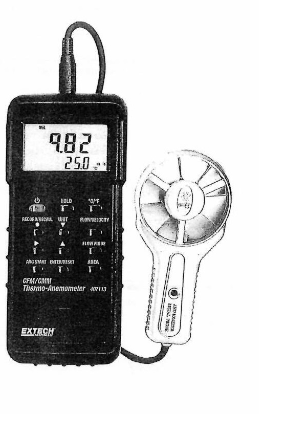 Enligt uppgift handhållen roterande fläktblad anemometer (lufthastighetsmätare) med inbyggd mätning av temperatur och luftflöde. Sensorerna sitter på en kabelbunden sensor för att underlätta mätningar i svåråtkomliga utrymmen som t.ex. ventilationskanaler. Enheten är elektronisk, drivs av batteri och visar uppmätta värden på en integrerad LED-display. Uppmätta maximum och minimumvärden kan lagras. Apparaten är avsedd att användas inomhus och har måtten 17,8 x 7,4 x 3,3 cm (L x B x H) och väger 700 gram.