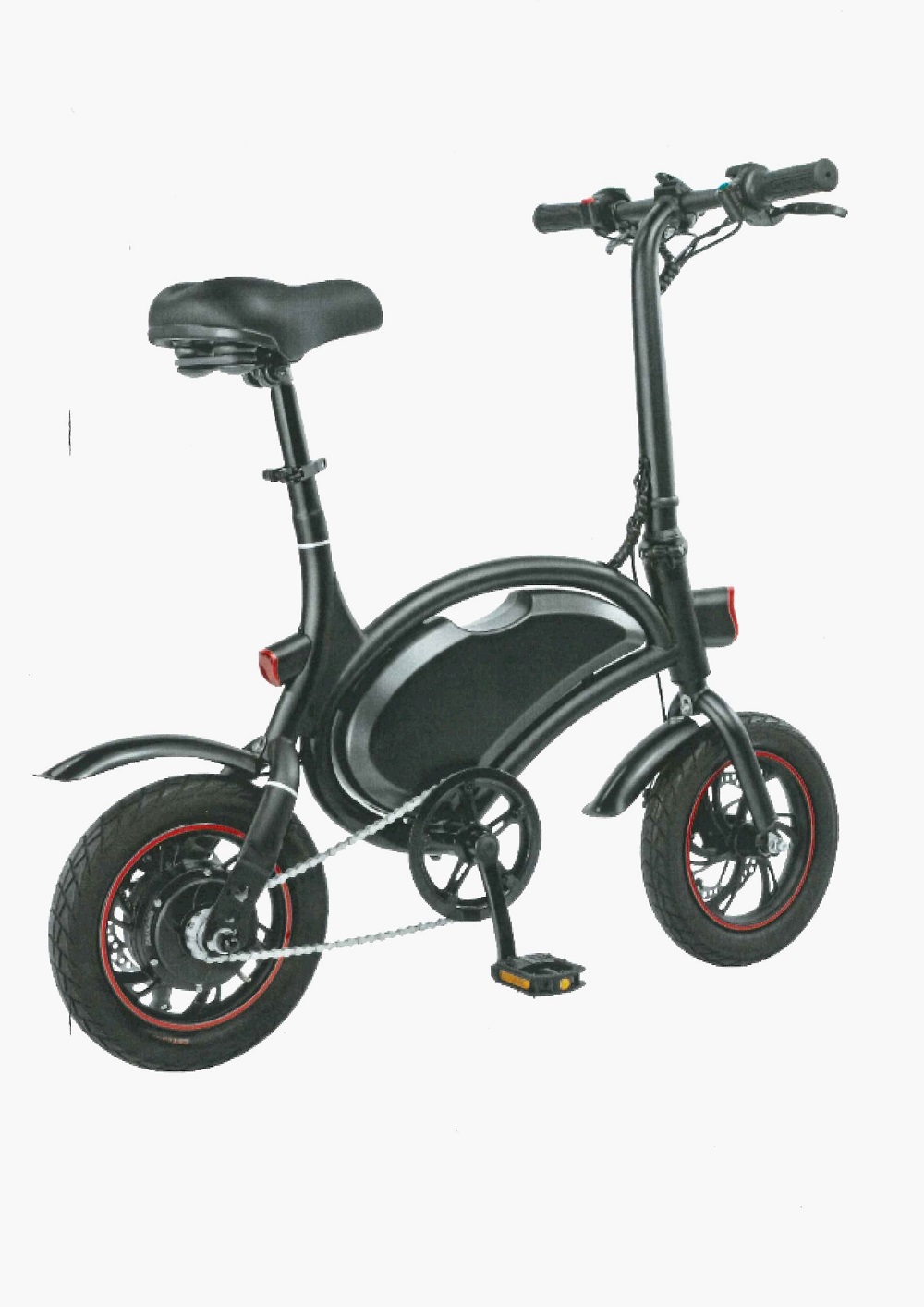 Transportmedel utan pedalassistans, i form av en moped. Mopeden är enligt uppgift försedd med bland annat en elmotor på 350 W, gashandtag, lampor och trampor vilka kan användas om batteriet tar slut. Uppstart och hastighetsreglering sköts via gashandtaget. Mopeden har måtten 105 x 96 cm, en vikt på 14,5 kg och en maxhastighet av 25 km i timmen.