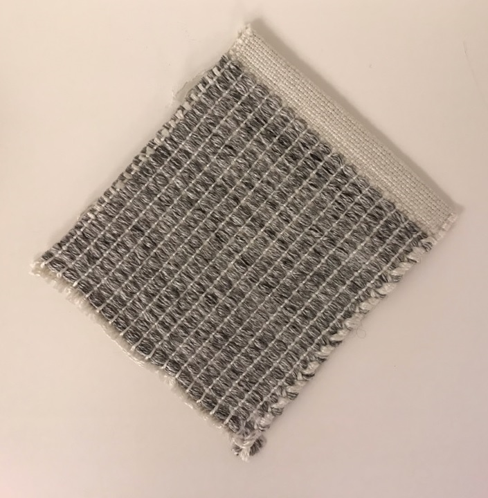 Textilvara i form av en rektangulär, tvåfärgad matta av syntetiskt textilmaterial, vävd med tvåskaftsbindning. Varan har måtten 80 x 150 cm (B x L).
Mattan är enligt uppgift tillverkad av garn bestående av 100 % polyester (återvunna PET-flaskor). Mattan har en bottenväv av vitt garn och ett extra inslag på ovansidan bestående av tvinnade vita och svarta garntrådar. Mattan är konfektionerad, utan lugg och försedd med fåll och stadkant.