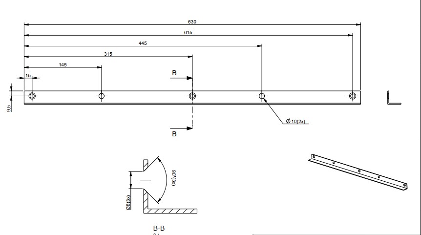 L-formad profil, enligt uppgift tillverkad av plåt av aluminiumlegering, med likformigt tvärsnitt utmed hela längden. Profilen har måtten 630x9,5x2mm och är försedd med fem fästhål. Varan är avsedd att användas som förstärkning vid montering av förångare och kylenhet i en flygfraktscontainer för temperaturkontrollerat gods.