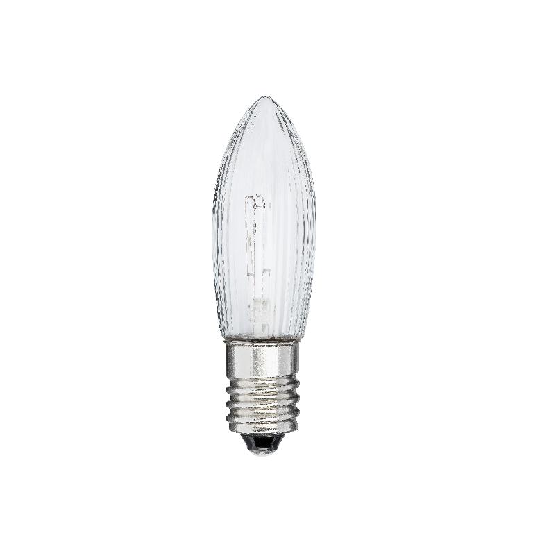 Glödlampa
Utbytbar glödlampa för användning i huvudsakligen seriekopplade armaturer.
Lampan har en skruvsockel av typen E10, glaskolv i klarglas och märkt 34V, 3W.
Varan är förpackad i en konsumentförpackning om tre glödlampor.