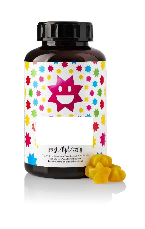 Näringstillskott/kosttillskott i form av gelébitar. Produkten innehåller enligt uppgift vitamin-A, vitamin-B1, -B2, -B3, -B5, -B6, D-biotin, folsyra, vitamin B12, vitamin C, vitamin D3, vitamin E, seleniumjäst, citrusbioflavonoids, maltossirap, socker, pektin, citronsyra, natriumcitrat, färgämne och kokosolja. Kosttillskottet föreligger i detaljhandelsförpackning om 90 st. gelébitar med en nettovikt av 225 g.