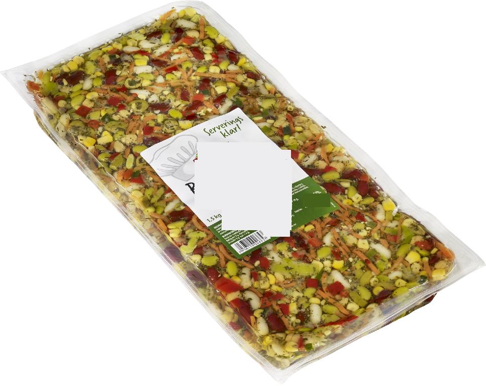 Sallad (beredd) enligt uppgift innehållande röda kidney-, cannellini-och gröna sojabönor, kikärtor, rapsolja, paprika, majs, morot, gröna oliver, purjelök, citronjuice, persilja, vitlök, kryddor, socker, konserveringsmedel (natriumbenzoat, kaliumsorbat), surhetsreglerandemedel (mjölksyra, äppelsyra, citronsyra, askorbinsyra) och salt. Salladen har huvudsaklig karaktär av grönsakssallad och föreligger i tre plastförpackningar om 1,5 kg per förpackning.