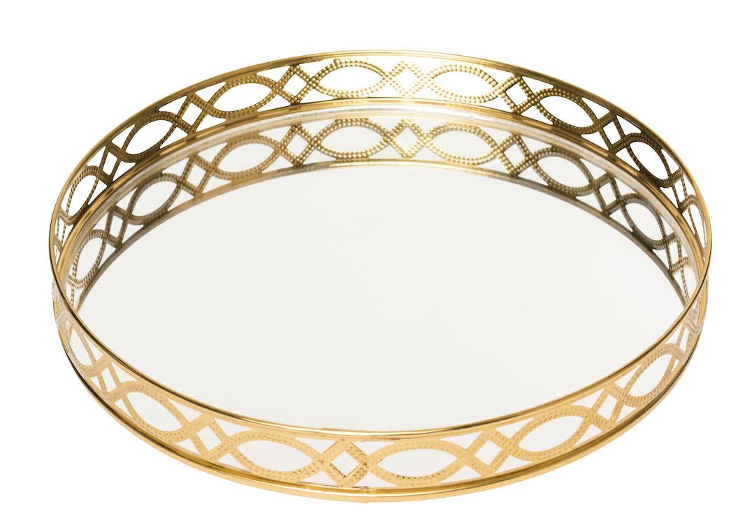 Bordsartikel i form av en rund bricka med spegelbotten och mässingskant. Brickans diameter är 26 cm.
Brickans botten utgörs av en spegel enligt uppgift tillverkad av härdat glas. Mässingskanten består av tunn plåt (1,5 mm) tillverkad av rostfritt stål elektrolytiskt ytbehandlad med mässing och har ett utstansat mönster. Undersidan är försedd med skyddsskiva enligt uppgift tillverkad av EVA-plast (etenvinylacetat).
Brickan består av flera material och är en sammansatt vara där spegeln ger varan dess huvudsakliga karaktär.