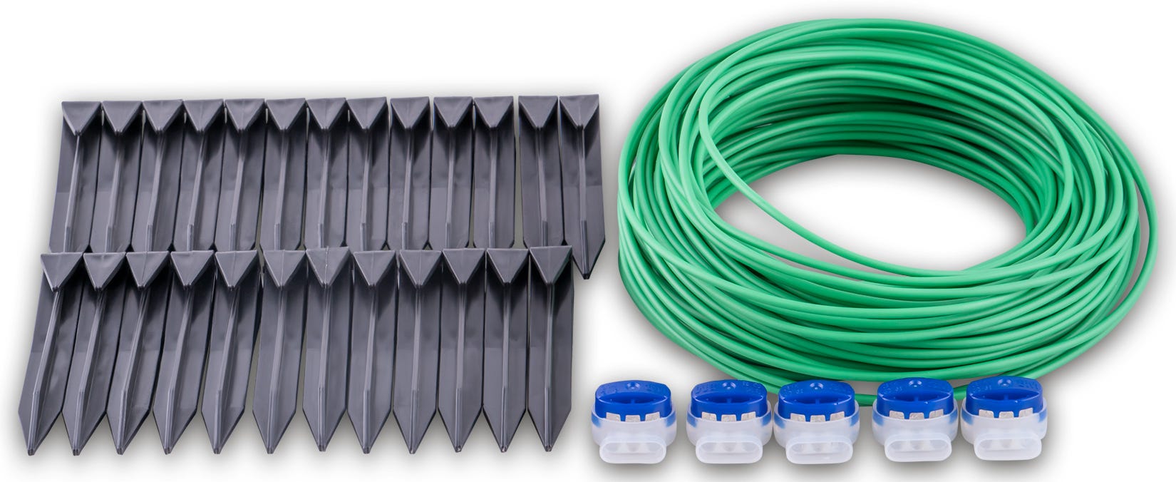 Reparationssats för begränsningskabel.
För reparation av skadad begränsningskabel till robotgräsklippare.
20 meter begränsningskabel (1 mm2 elektriskt isolerad solid tråd utan kontakter)
5 st. elektriska skarvdon
25 st. peggar av plast