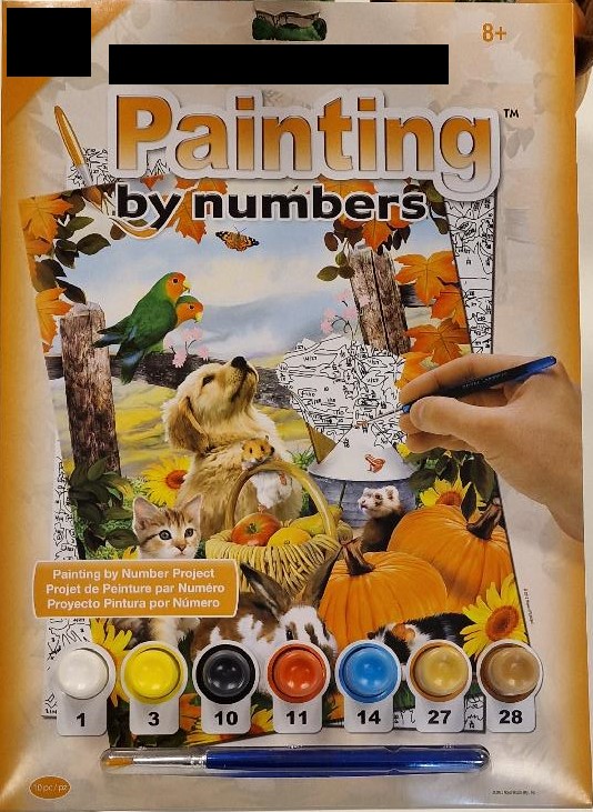 Set för måleri, enligt uppgift bestående av:
- en canvas av papper (ca 28,5 x 21,5 x 0,1 cm) med ett tryckt motiv med numrerade fält,
- en mall av tunt papper (ca 26 x 18,5 cm) med tryckt motiv med numrerade fält,
- en pensel,
- sju koppar om ca 5 ml akrylfärg i olika färger.
Setet är avsett att användas för måleri genom att färglägga canvasens numrerade fält med avsedd färg.
Akrylfärgerna ger varan dess huvudsakliga karaktär på grund av deras betydelse för användningen av varan.
Setet är förpackat gemensamt i en detaljhandelsförpackning av papp.