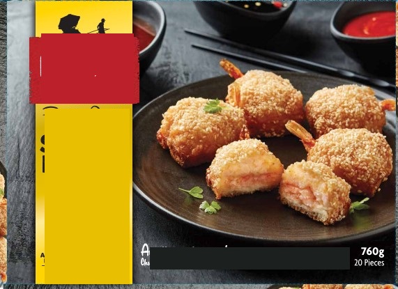Fryst livsmedelsberedning enligt uppgift i form av skivat bröd toppat med skalade räkor, fiskfyllning och sesamfrön. Produkten föreligger i detaljhandelsförpackning om 760 g (20 st.).
Produkten ska bakas färdig i ugn.
Varan innehåller räkor, bröd, surimi, bamboshot, tapiokastärkelse, sesamfrön, olja av sojaböna, socker, salt, vitpeppar, vatten, sesamolja, torkat pulver av räka, pulver äggvita, jästextrakt och oystersås.